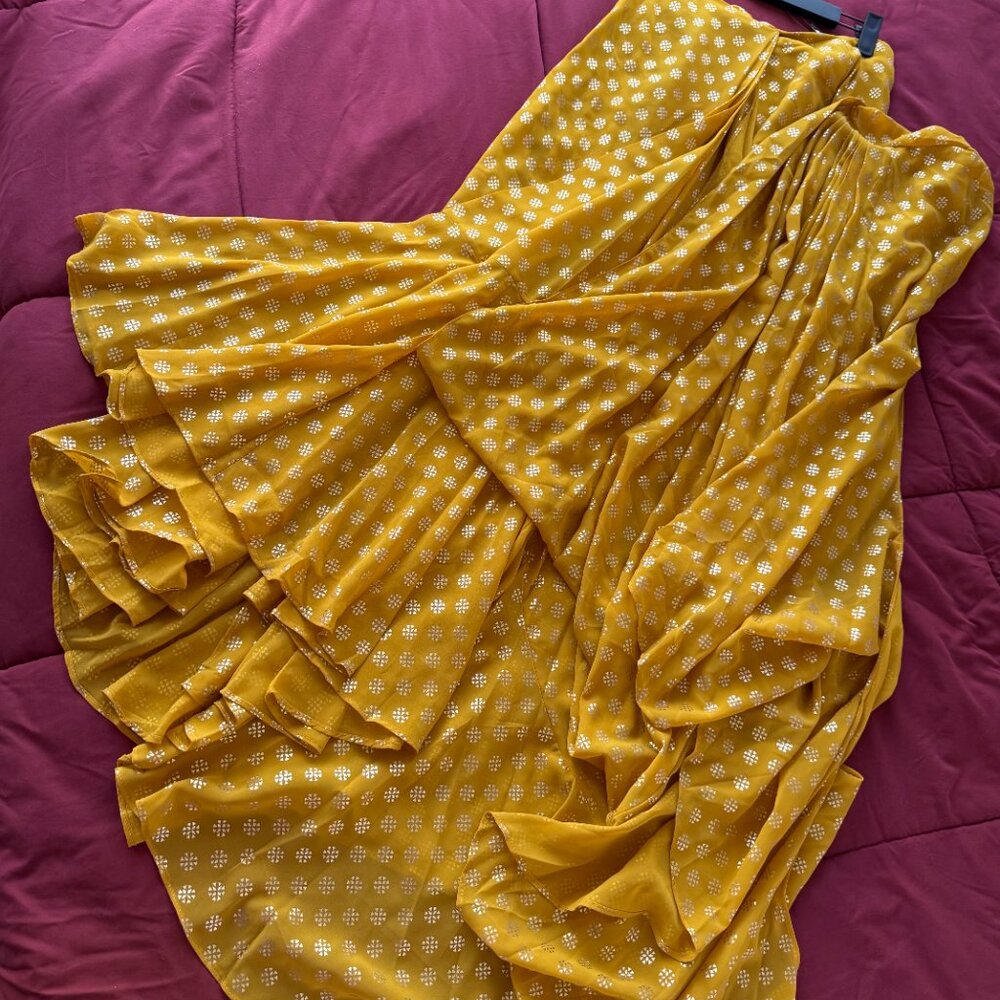Yellow Foil Ruffled Pre-Stitched Saree (Without Blouse) Size Small - Picture 6 of 6